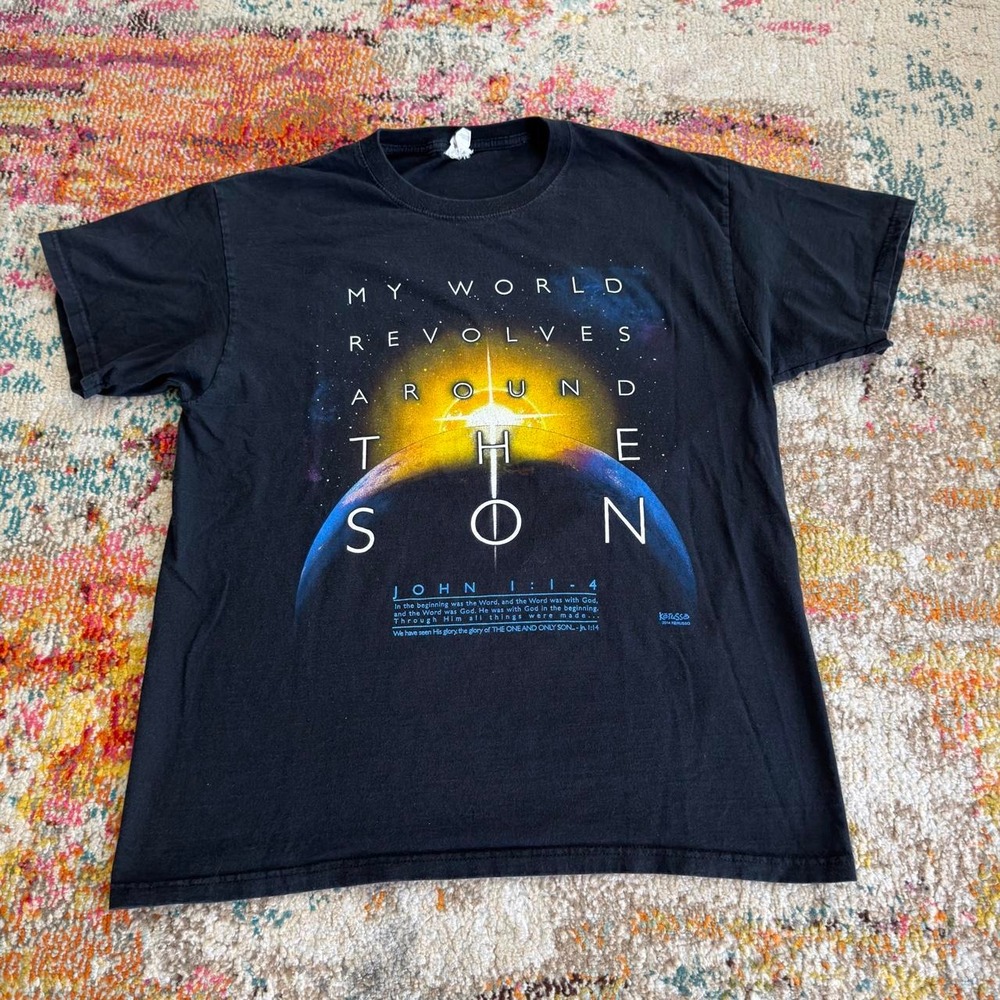 Y2K Kerusso Christian T-Shirt L Black Space My World Revolves Around The Son